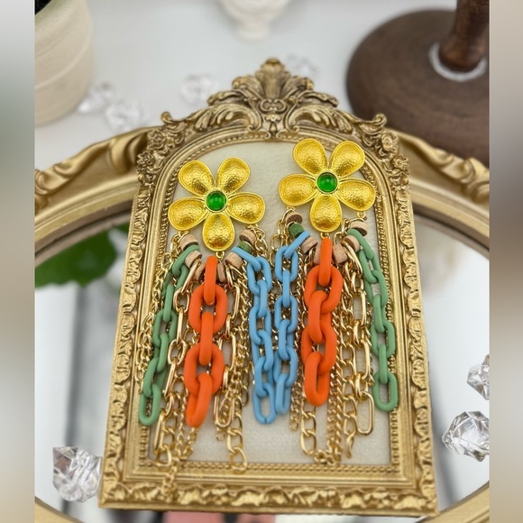 Bold Floral Dangle Statement EarringsMulticolor Chain Fringe